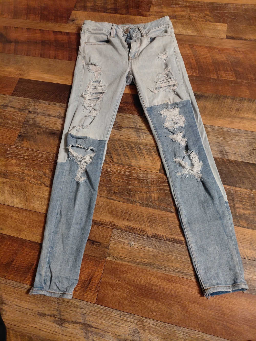 American Eagle Outfitters Two-Tone Light Blue Distressed Skinny Jeans